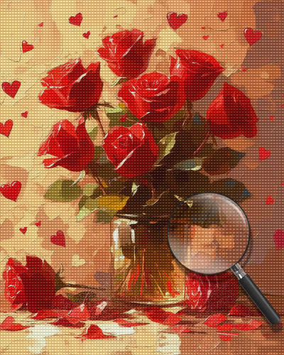 Roses Rouges dans Un Vase en Verre Broderie Diamant