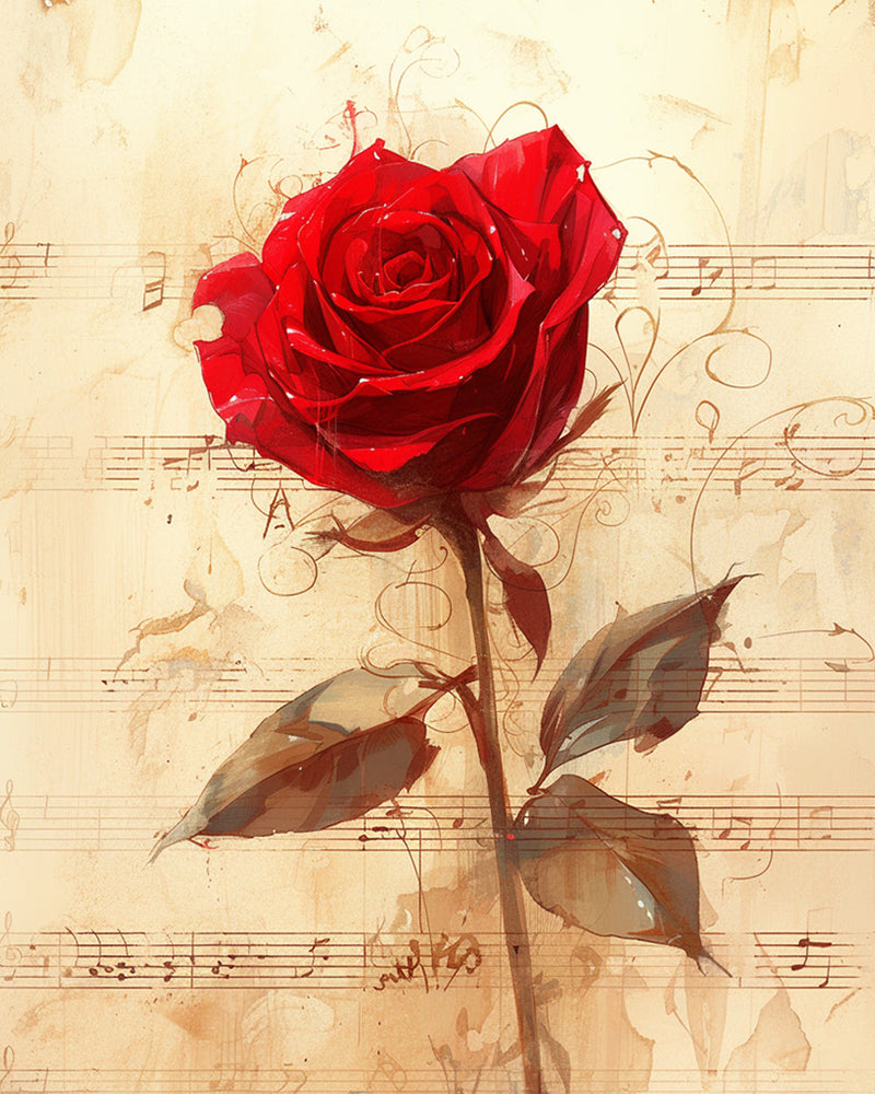 Roses Rouges et Partition de Musique Broderie Diamant