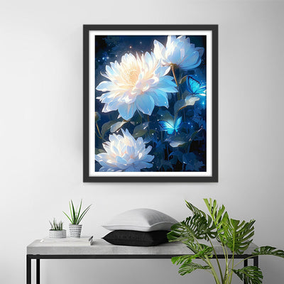 Lotus Blanc et Papillons Bleus Broderie Diamant