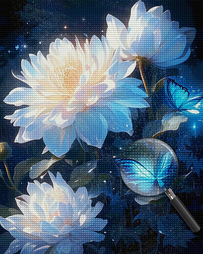 Lotus Blanc et Papillons Bleus Broderie Diamant