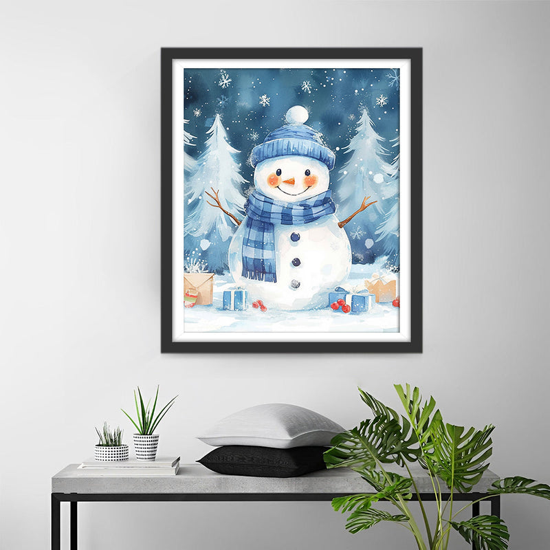 Bonhomme de Neige de Noël Avec Chapeau Bleu et Écharpe Broderie Diamant