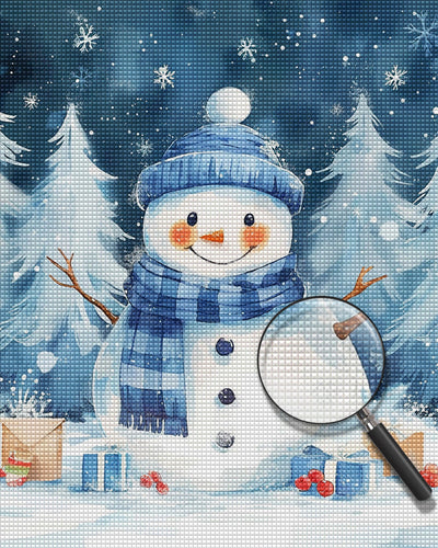 Bonhomme de Neige de Noël Avec Chapeau Bleu et Écharpe Broderie Diamant