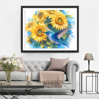 Colibri Bleu et Tournesols Broderie Diamant