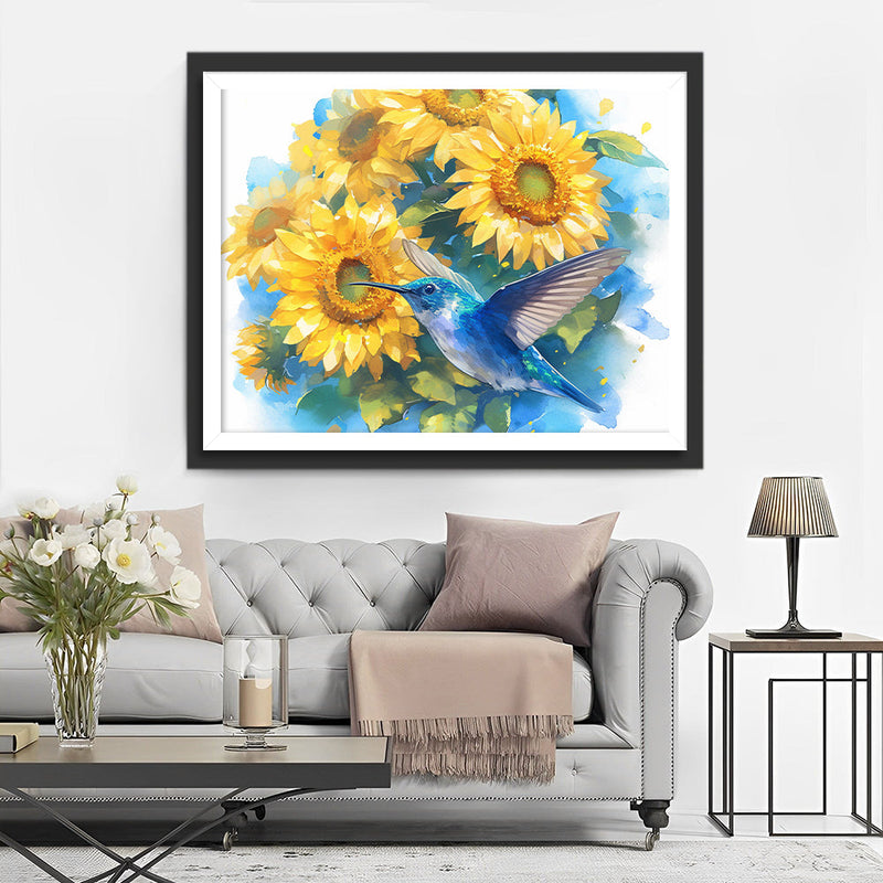 Colibri Bleu et Tournesols Broderie Diamant