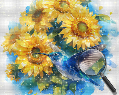 Colibri Bleu et Tournesols Broderie Diamant