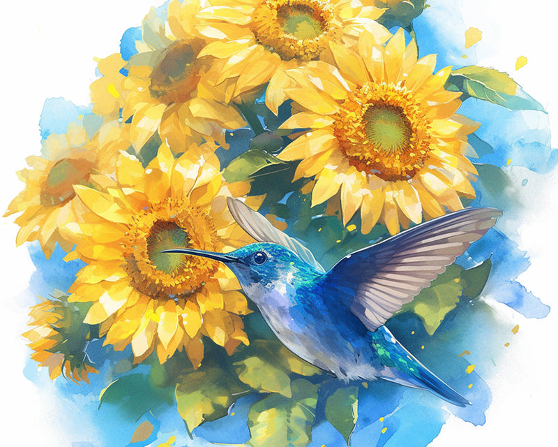 Colibri Bleu et Tournesols Broderie Diamant