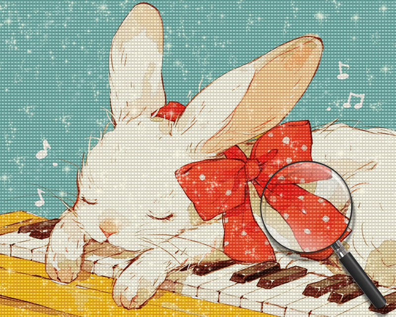 Lapin Blanc Animé sur Le Piano Broderie Diamant