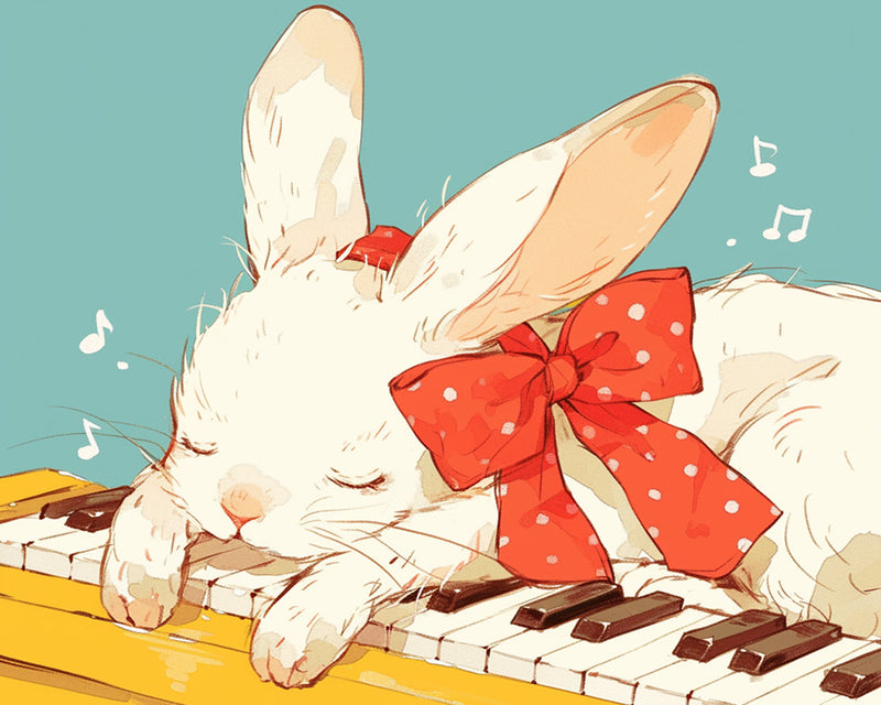 Lapin Blanc Animé sur Le Piano Broderie Diamant