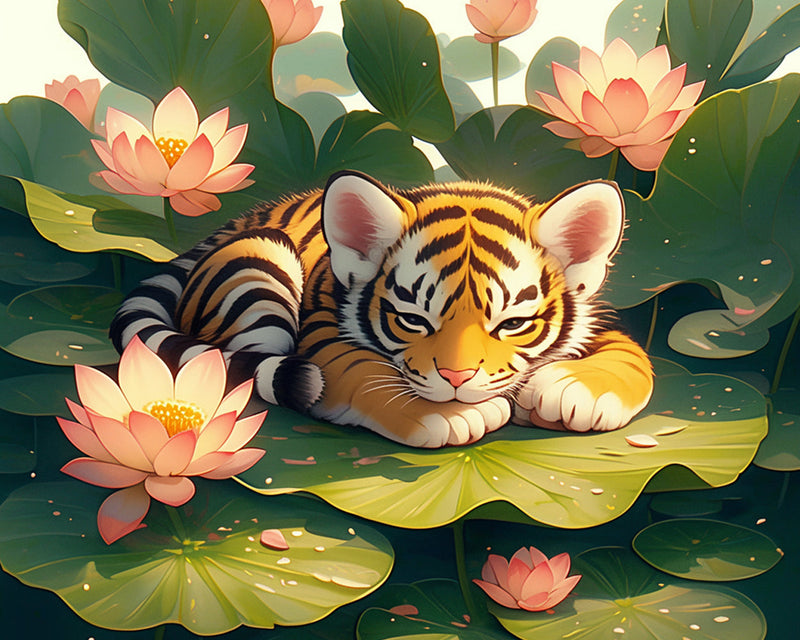 Tigre et Lotus Broderie Diamant