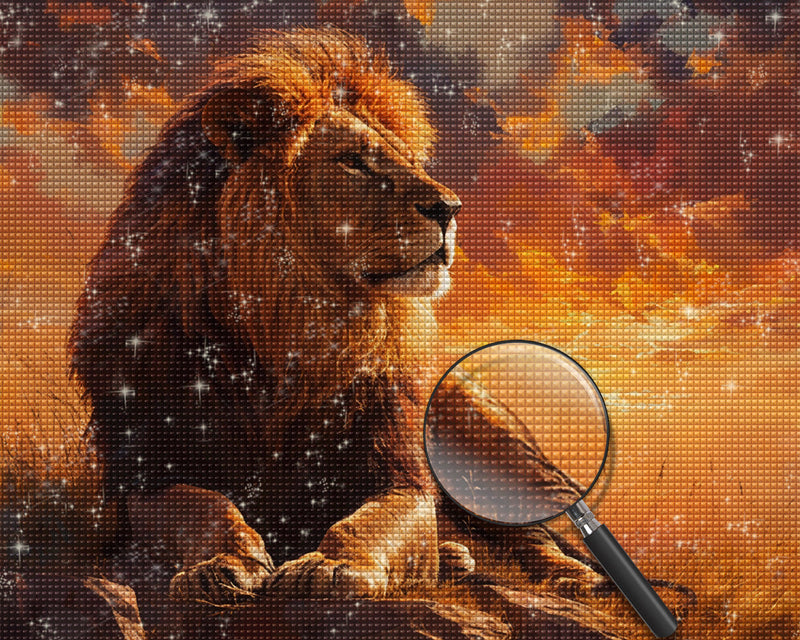 Lion au Coucher du Soleil Broderie Diamant