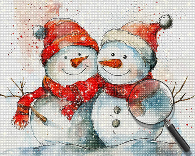 Bonhomme de Neige de Noël Avec Chapeaus Rouges et Écharpes Broderie Diamant