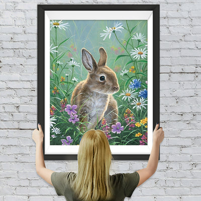 Lapin Brun et Fleurs Colorées Broderie Diamant