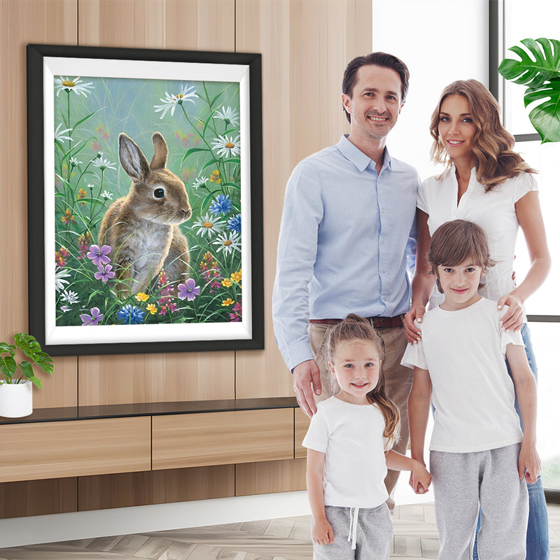 Lapin Brun et Fleurs Colorées Broderie Diamant