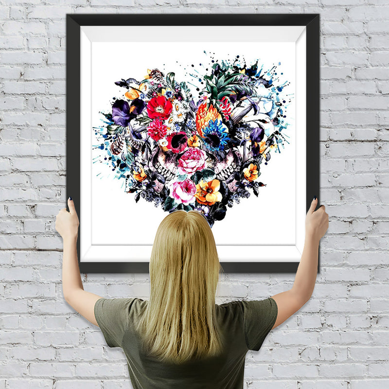 Coeur de Crânes et Fleurs Broderie Diamant