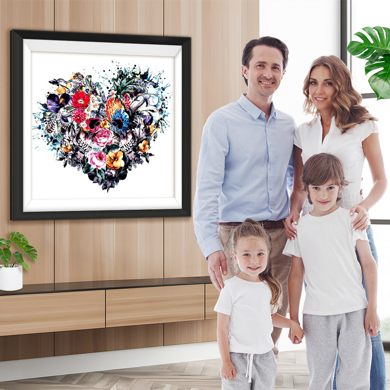 Coeur de Crânes et Fleurs Broderie Diamant