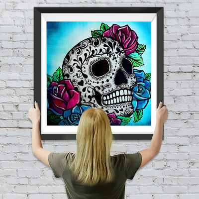 Crâne de Motifs Noirs et Roses Broderie Diamant