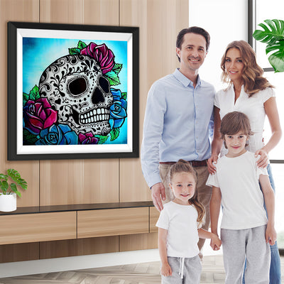 Crâne de Motifs Noirs et Roses Broderie Diamant