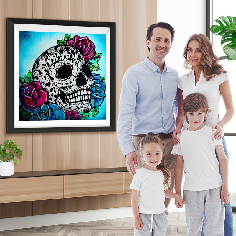 Crâne de Motifs Noirs et Roses Broderie Diamant