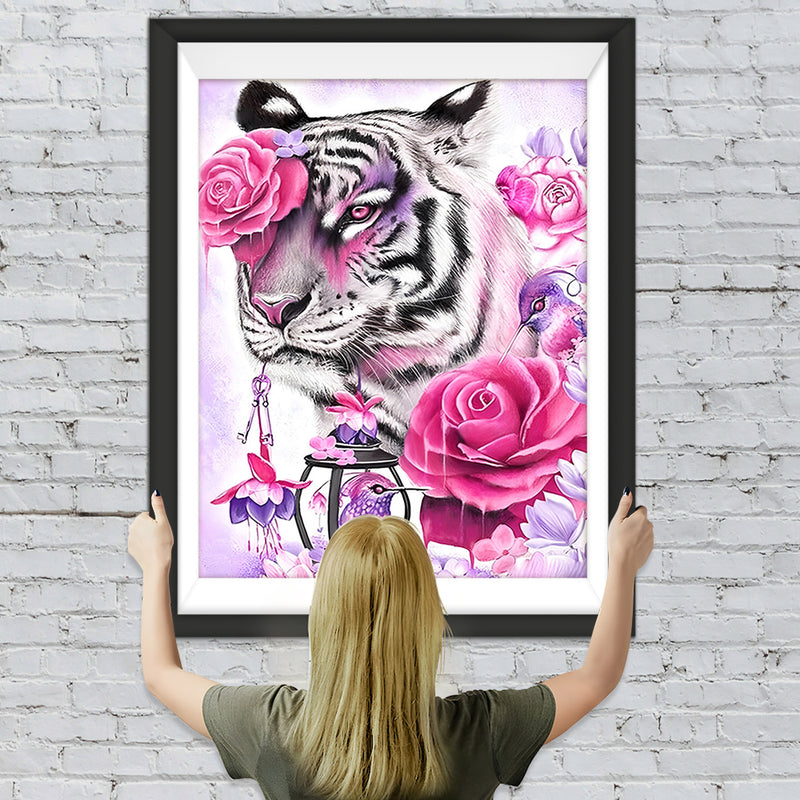 Tigre Blance et Roses Broderie Diamant