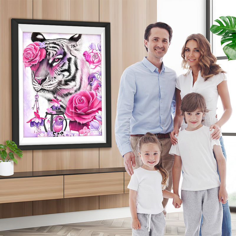 Tigre Blance et Roses Broderie Diamant