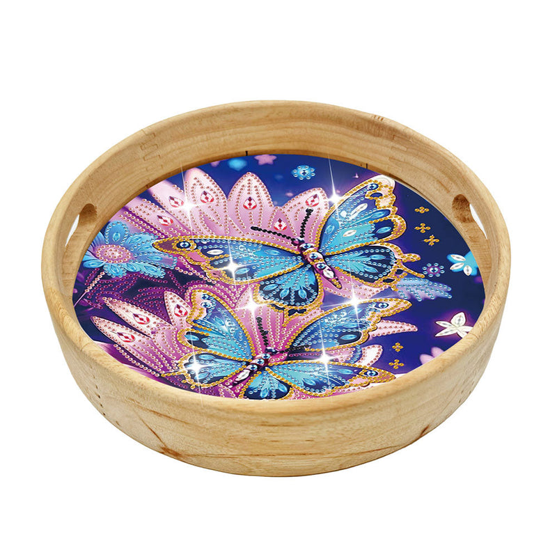 Plateau de Service en Bois Rond Papillon Bleu et Fleur Rose Broderie Diamant