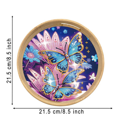 Plateau de Service en Bois Rond Papillon Bleu et Fleur Rose Broderie Diamant