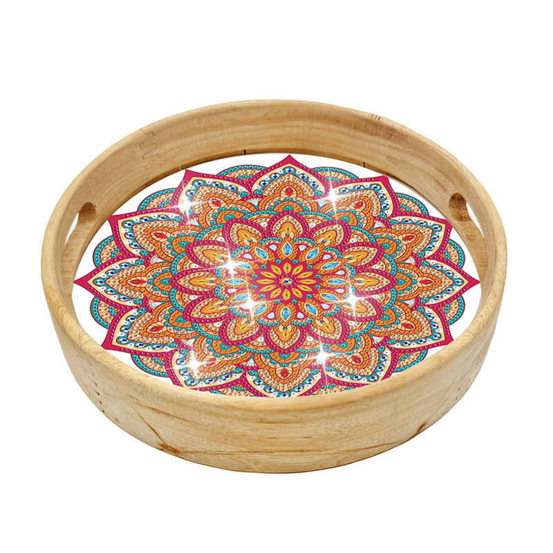 Plateau de Service en Bois Rond Mandala Rouge et Orange Broderie Diamant