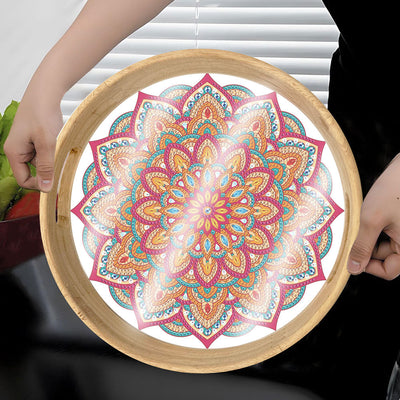 Plateau de Service en Bois Rond Mandala Rouge et Orange Broderie Diamant