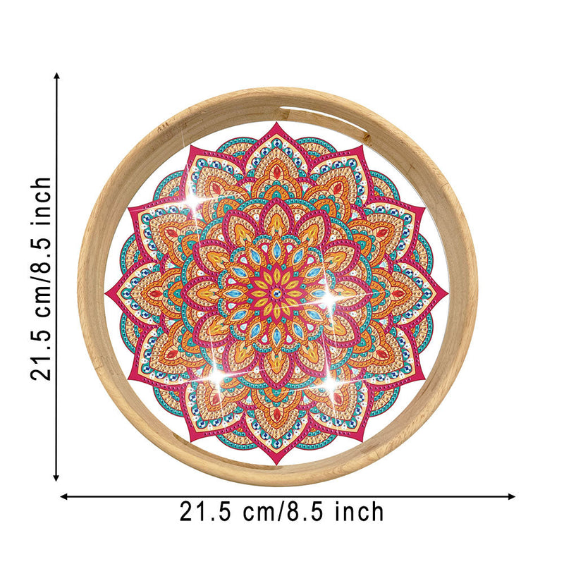 Plateau de Service en Bois Rond Mandala Rouge et Orange Broderie Diamant