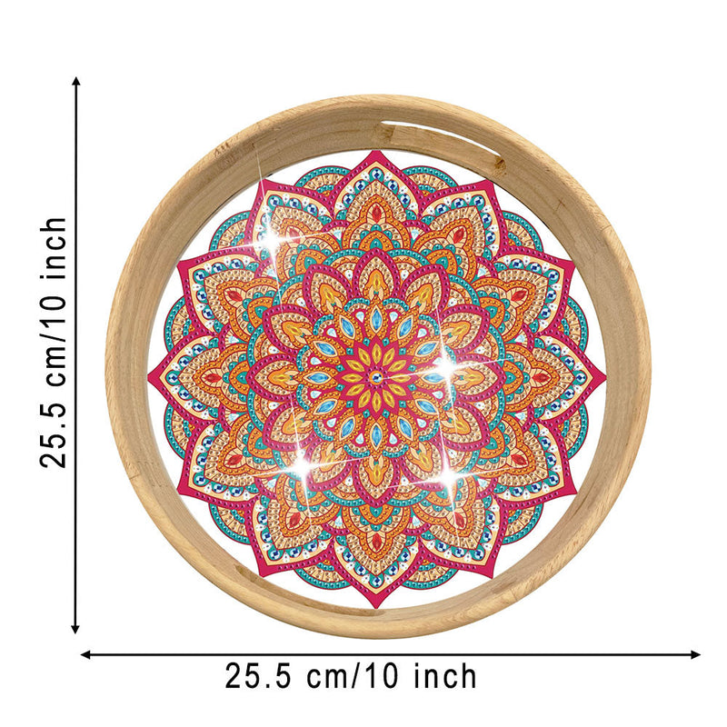 Plateau de Service en Bois Rond Mandala Rouge et Orange Broderie Diamant