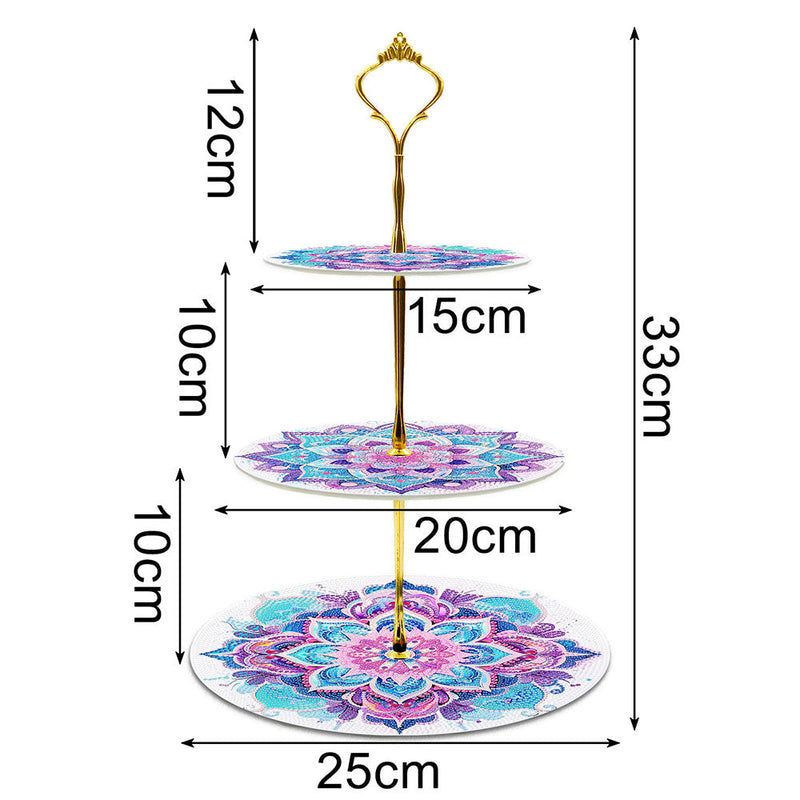 3 Niveaux de Plateau de Service Acrylique Mandala Lotus Rose et Vert Broderie Diamant