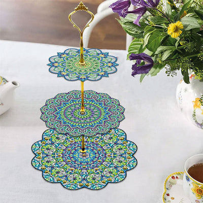 3 Niveaux de Plateau de Service Acrylique Mandala Fleur Verte Broderie Diamant