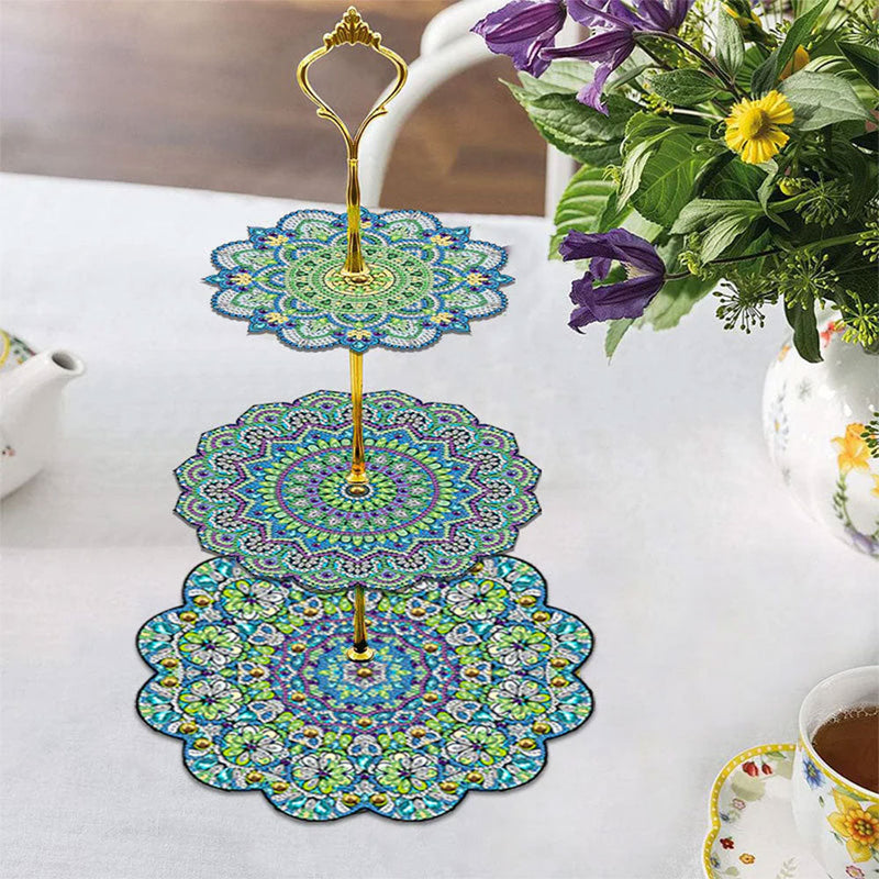 3 Niveaux de Plateau de Service Acrylique Mandala Fleur Verte Broderie Diamant