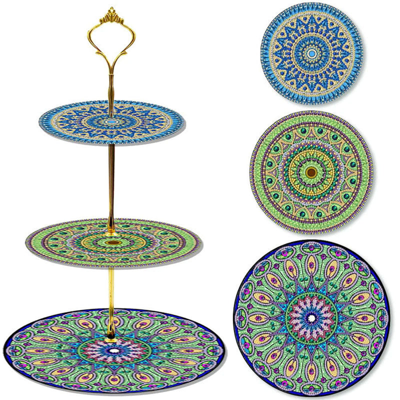 3 Niveaux de Plateau de Service Acrylique Mandala Vert et Bleu Broderie Diamant