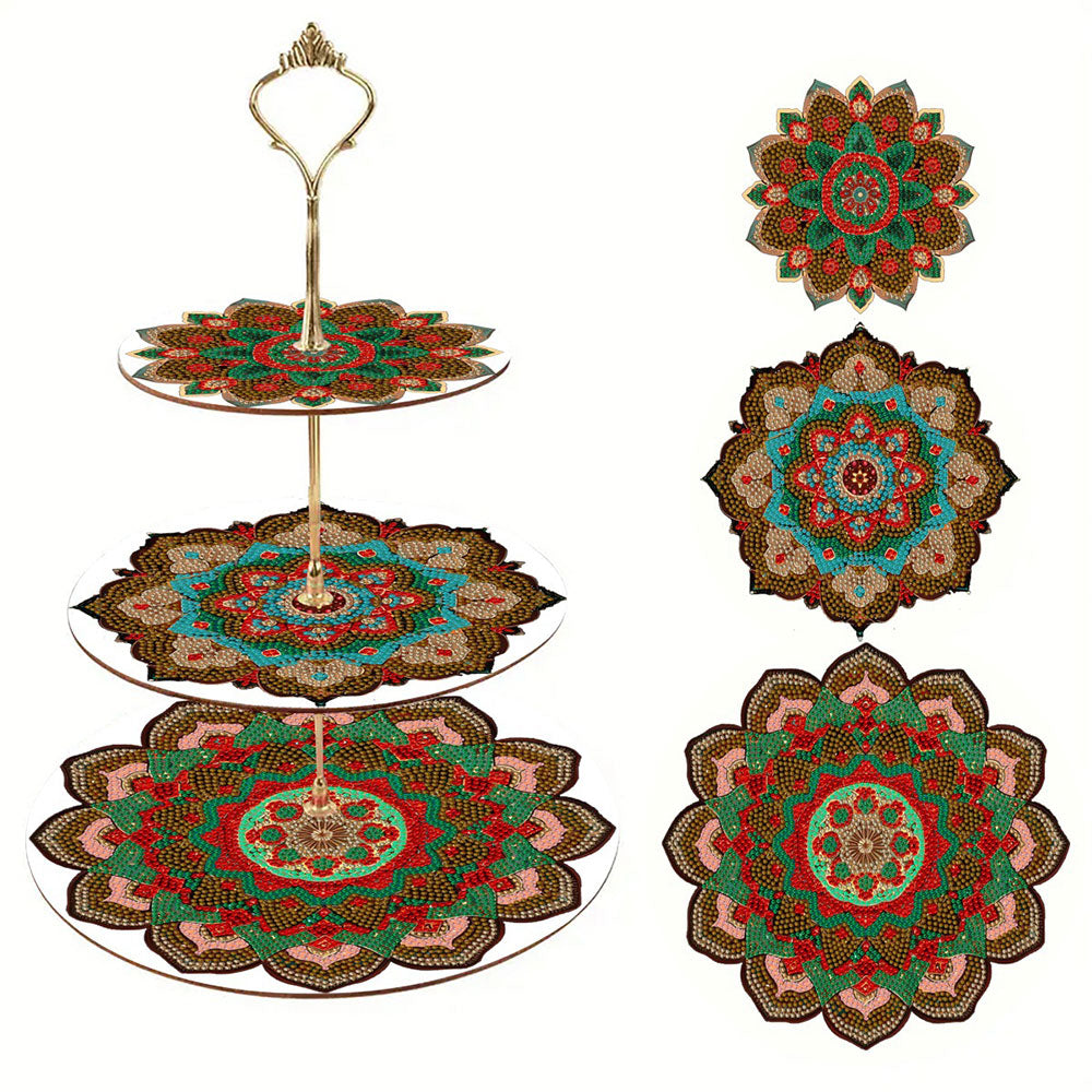 3 Niveaux de Plateau de Service Acrylique Mandala Foncé Broderie Diamant