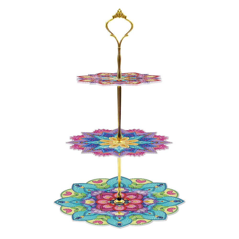 3 Niveaux de Plateau de Service Acrylique Mandala Lotus Coloré Broderie Diamant