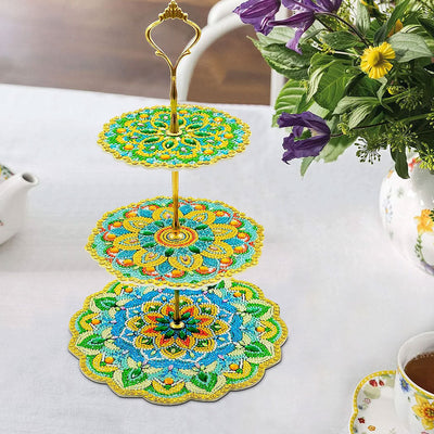 3 Niveaux de Plateau de Service Acrylique Mandala Lotus Vert et Jaune Broderie Diamant