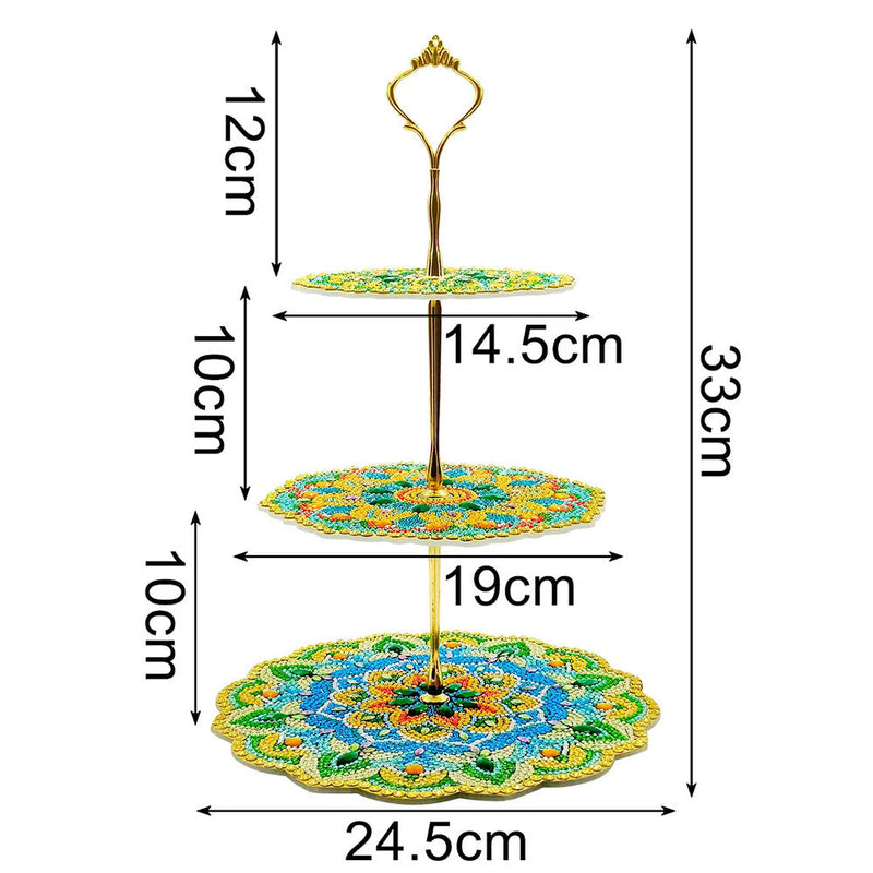 3 Niveaux de Plateau de Service Acrylique Mandala Lotus Vert et Jaune Broderie Diamant