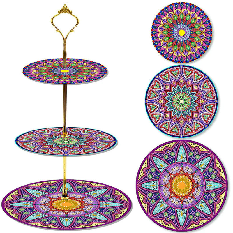 3 Niveaux de Plateau de Service Acrylique Mandala Pourpre Broderie Diamant