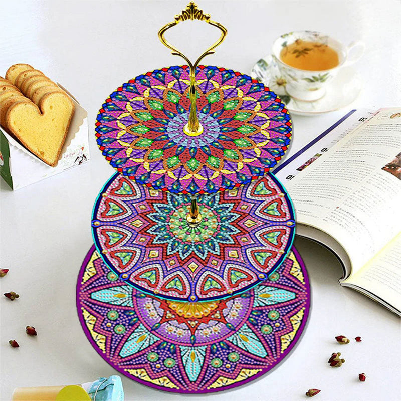 3 Niveaux de Plateau de Service Acrylique Mandala Pourpre Broderie Diamant