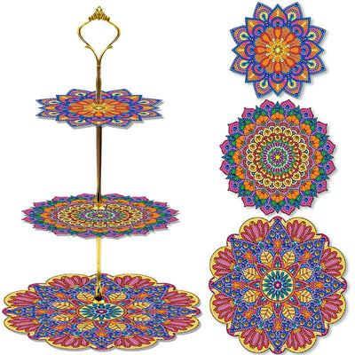 3 Niveaux de Plateau de Service Acrylique Mandala de Forme de Pétale Broderie Diamant