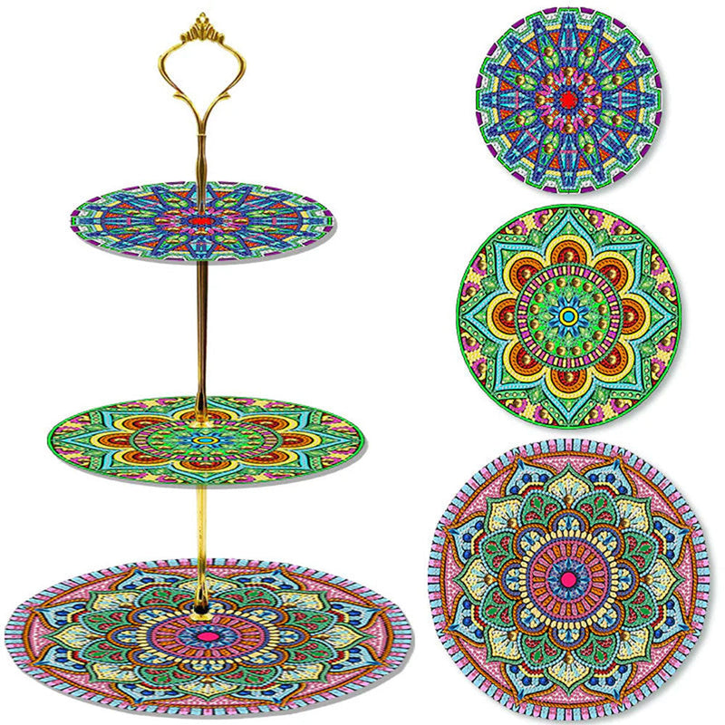 3 Niveaux de Plateau de Service Acrylique Mandala Abstrait Broderie Diamant