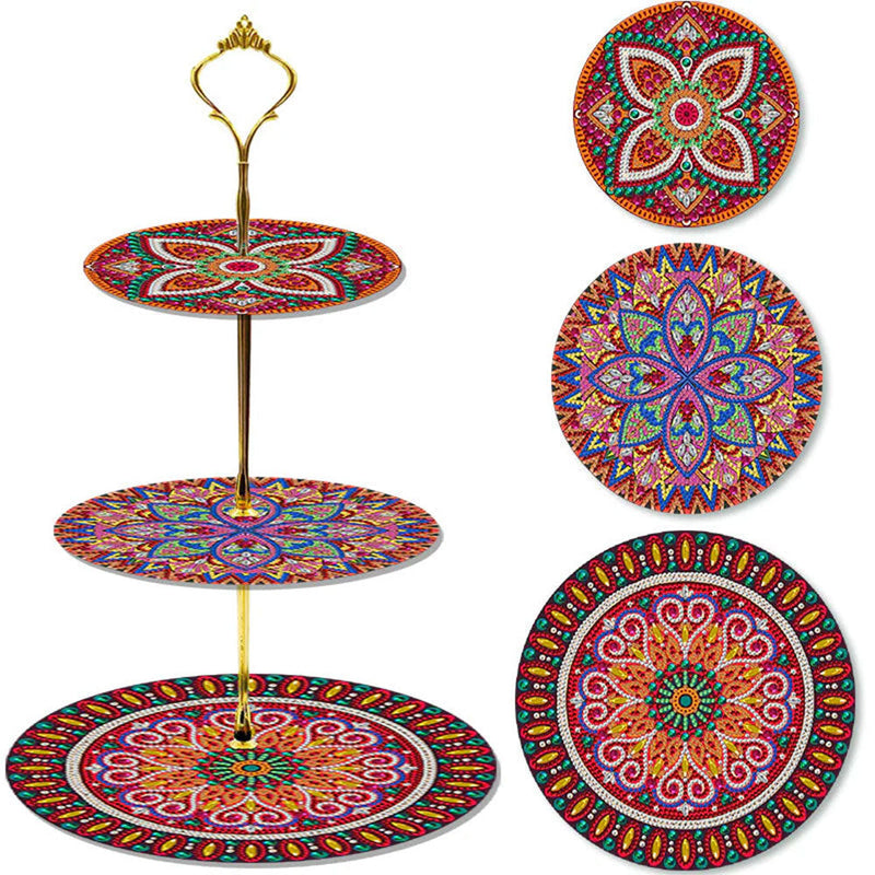 3 Niveaux de Plateau de Service Acrylique Mandala Rouge Foncé Broderie Diamant