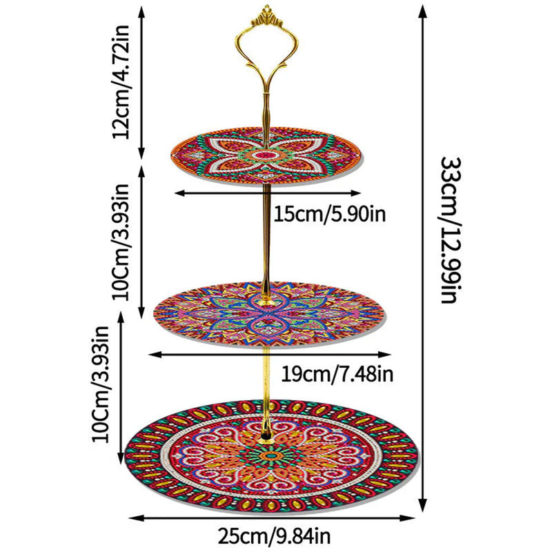 3 Niveaux de Plateau de Service Acrylique Mandala Rouge Foncé Broderie Diamant