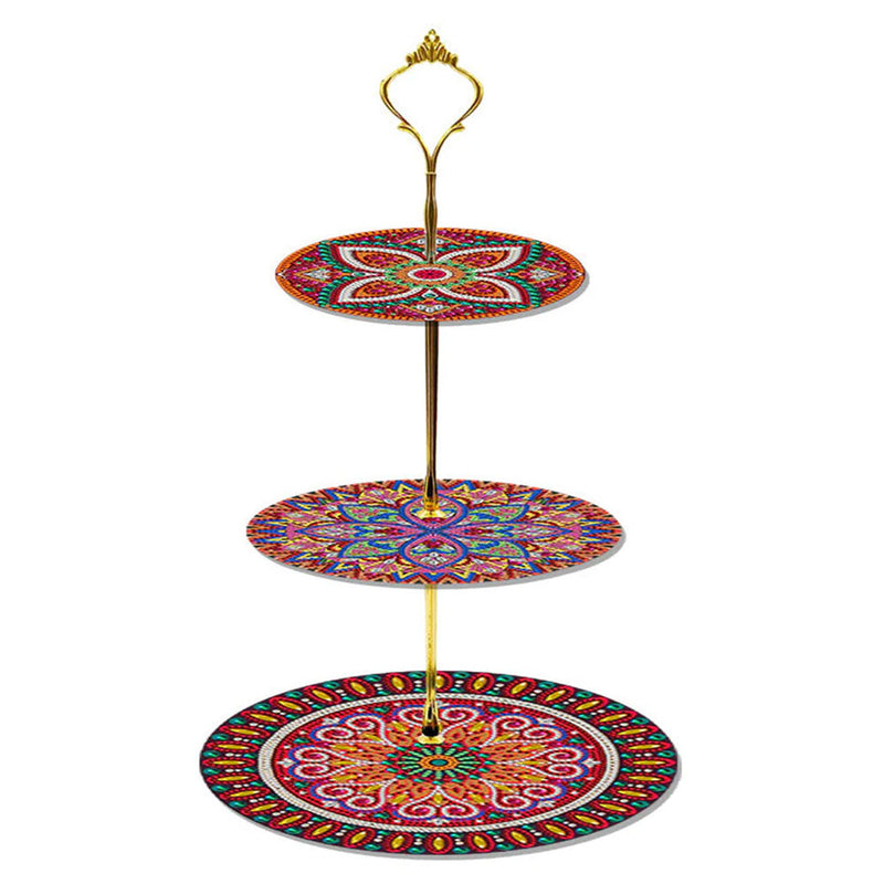 3 Niveaux de Plateau de Service Acrylique Mandala Rouge Foncé Broderie Diamant