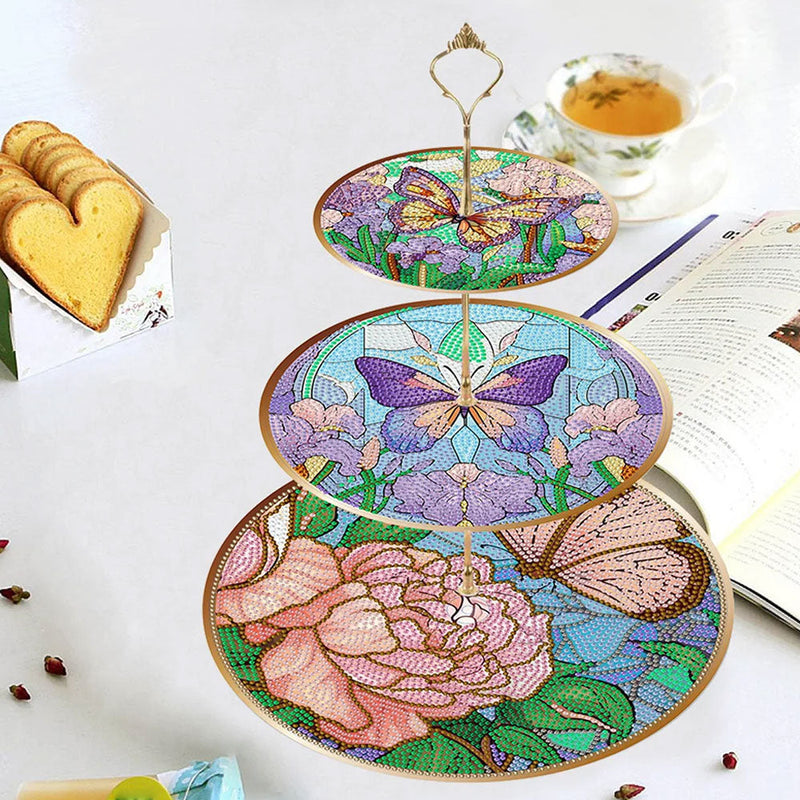 3 Niveaux de Plateau de Service Acrylique Papillon et Fleur Pivoine Broderie Diamant