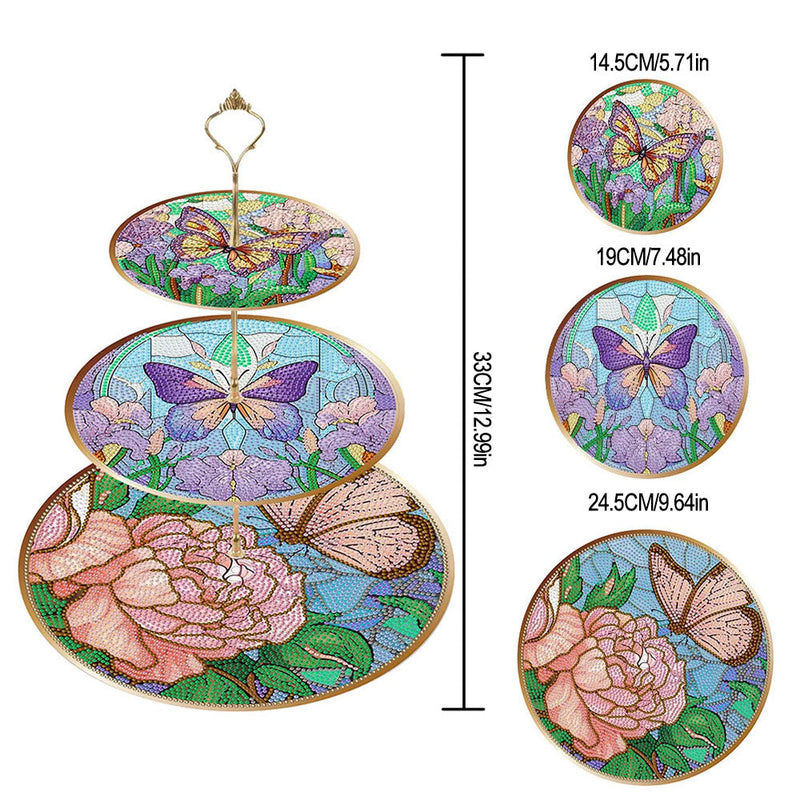 3 Niveaux de Plateau de Service Acrylique Papillon et Fleur Pivoine Broderie Diamant