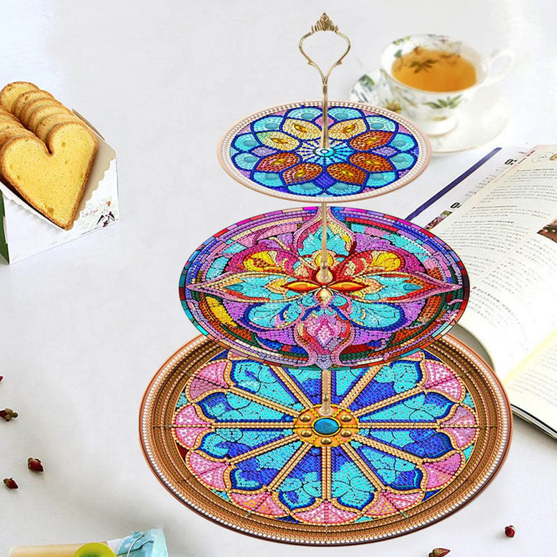 3 Niveaux de Plateau de Service Acrylique Mandala Fleur Colorée Broderie Diamant