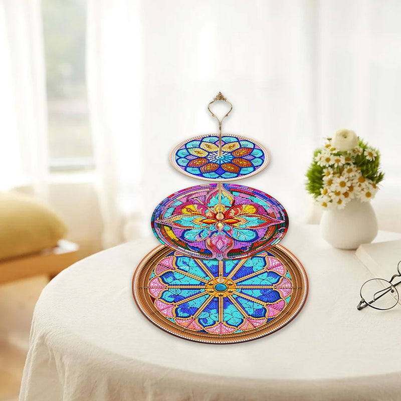 3 Niveaux de Plateau de Service Acrylique Mandala Fleur Colorée Broderie Diamant