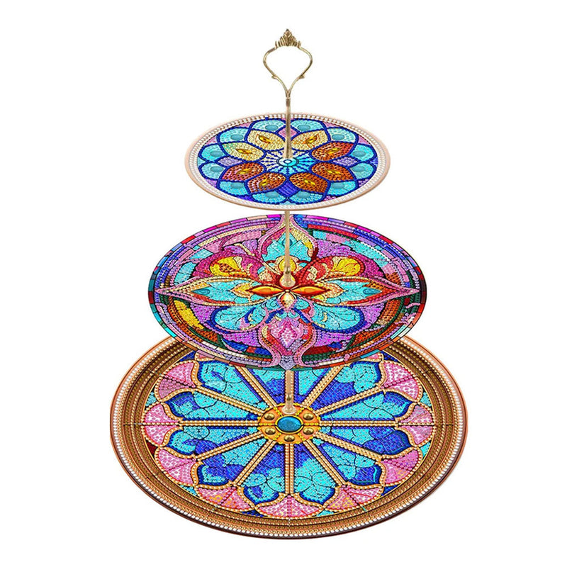 3 Niveaux de Plateau de Service Acrylique Mandala Fleur Colorée Broderie Diamant